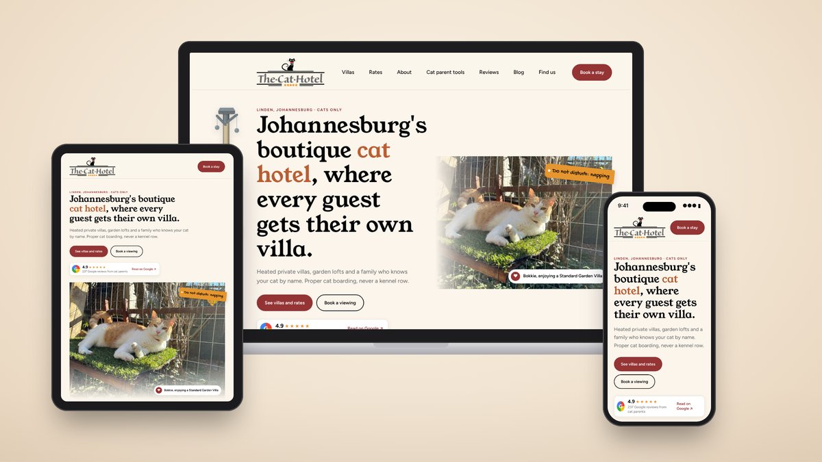 The Cat Hotel's new home page on a laptop, an iPad and a phone