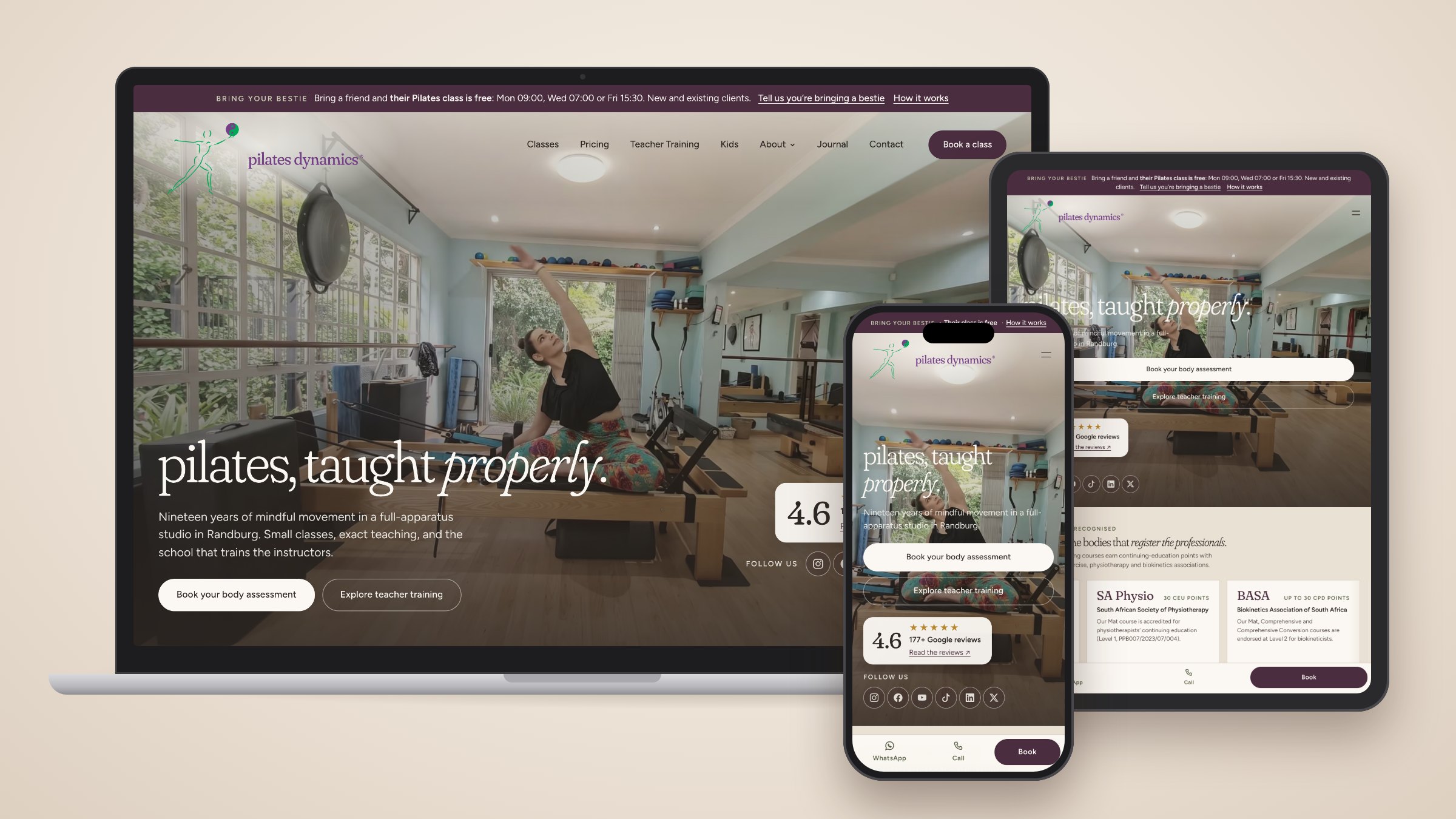 The Pilates Dynamics home page on a laptop, an iPad and a phone